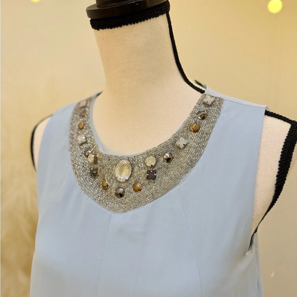 🌾 Sky Blue Sleeveless Dress with Embellished Beaded Neckline - Picture 3 of 7